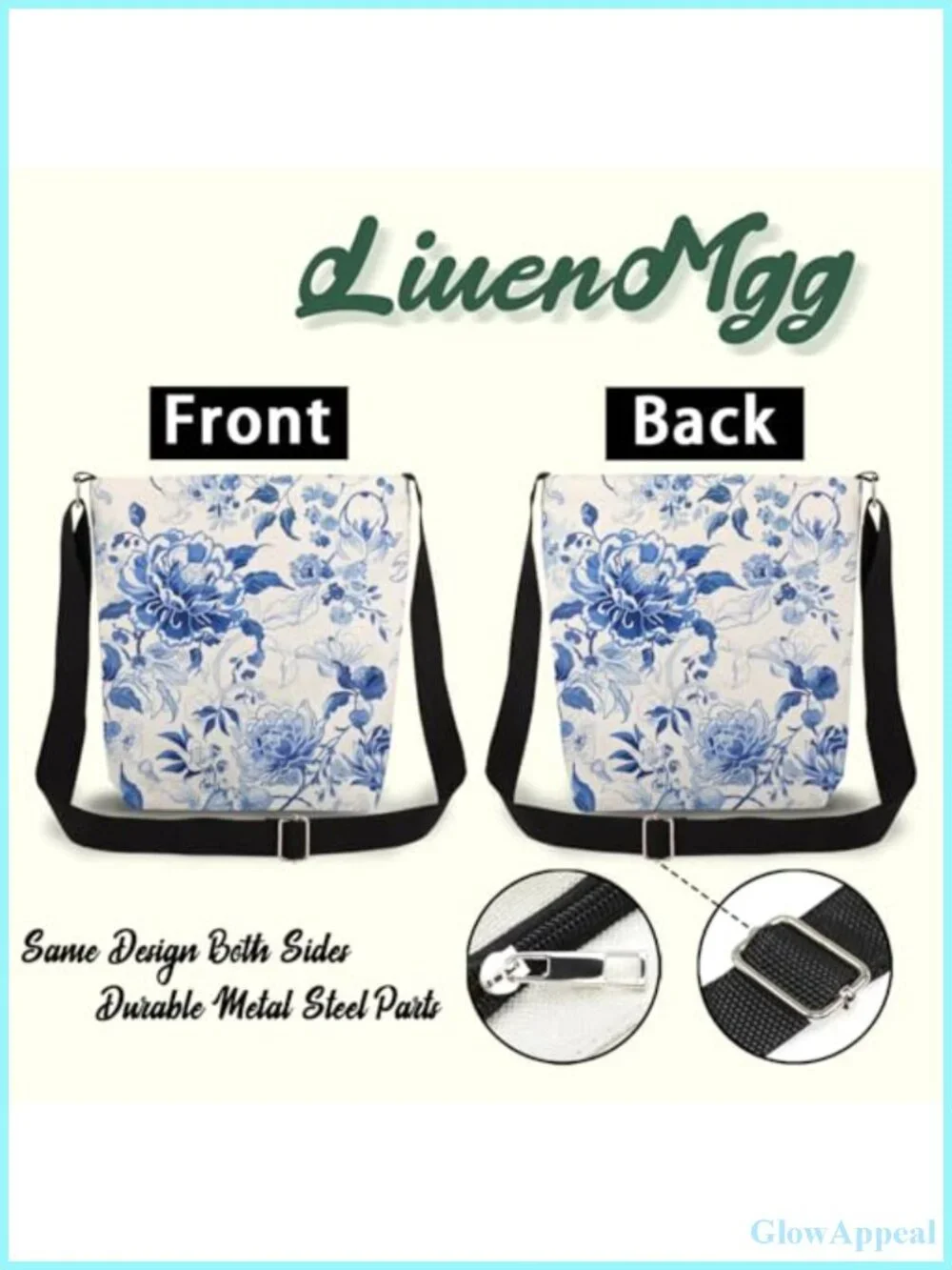 Blue White Porcelain Floral Print Crossbody Messenger Bag Adjustable Strap